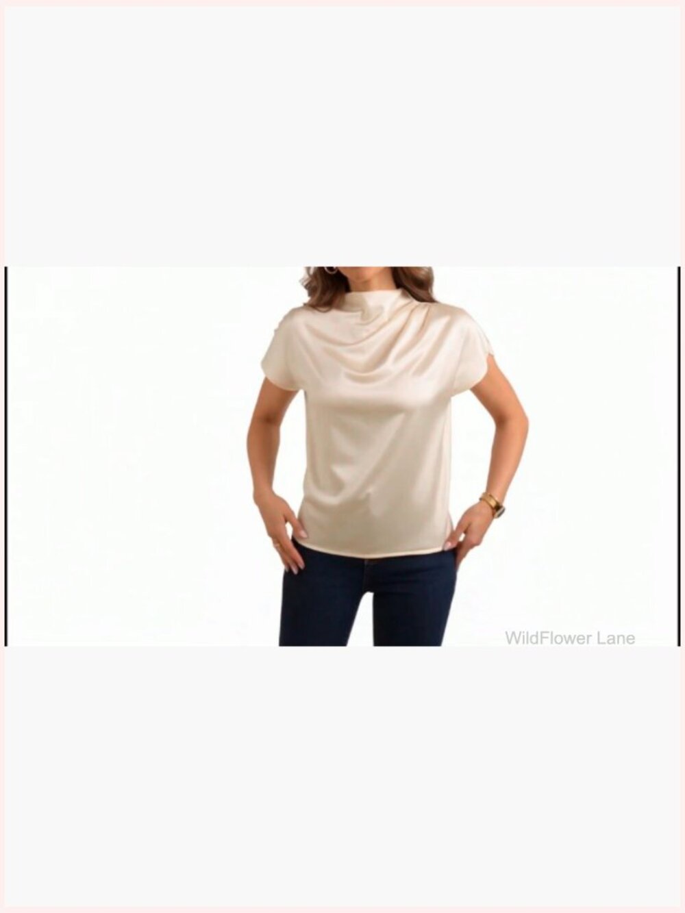 Mock Neck Satin Blouse Dolman Short Sleeve Ruched Elegant Top - Picture 6 of 6